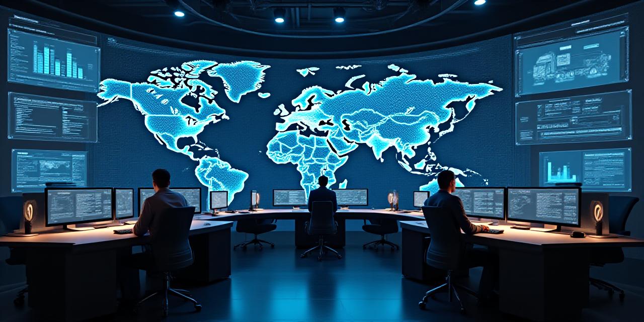 High-tech logistics control center with digital maps and data overlays