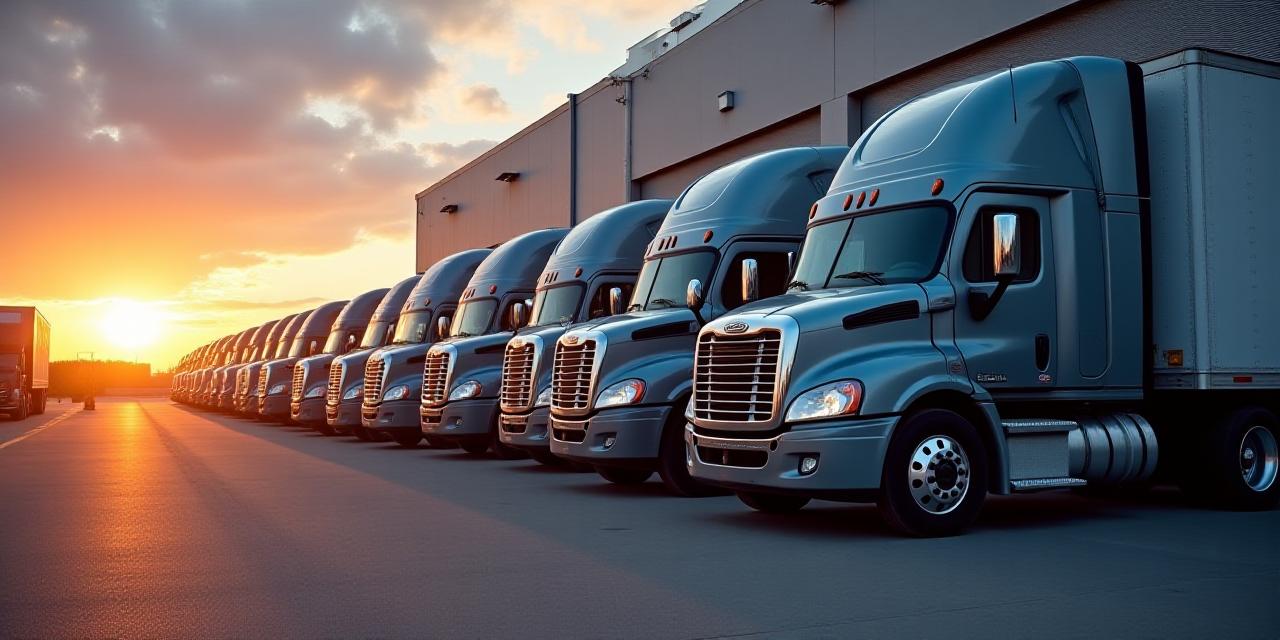 Line of modern commercial semi-trucks at sunset