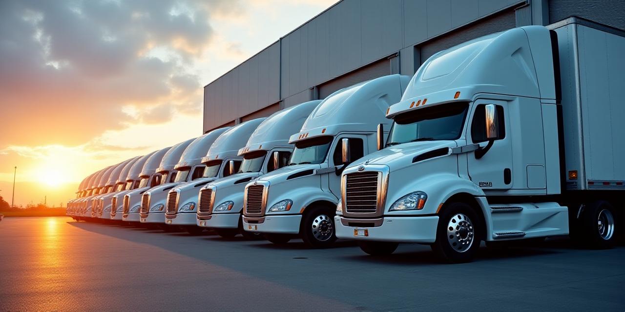 Line of modern white semi-trucks with aerodynamic fairings